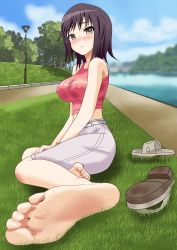 1girl absurdres barefoot blush breasts brown_eyes covered_erect_nipples feet flip-flops foot_focus grass highres itsuwa large_breasts long_hair looking_at_viewer nush_advance pov sandals shoe_soles shoes unworn_shoes soles tagme toaru_majutsu_no_index toes rating:Sensitive score:112 user:ssfl