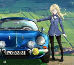  1girl artist_name black_hair blonde_hair blurry car depth_of_field field glasses highres kokott long_hair motor_vehicle pantyhose perrine_h._clostermann renault_alpine_a110 smile solo strike_witches twitter_username vehicle_focus world_witches_series yellow_eyes 