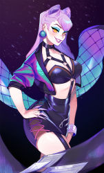  1girl blue_eyeshadow blush bracelet breasts commentary cone_hair_bun cropped_jacket earrings english_commentary evelynn_(league_of_legends) eyeshadow hair_bun hand_on_own_hip highres jacket jewelry k/da_(league_of_legends) league_of_legends long_hair looking_at_viewer makeup medium_breasts open_clothes open_jacket purple_hair smile solo the_baddest_evelynn victory_rolls yellow_eyes zambiie 