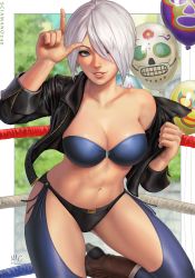 1girl 2019 abs angel_(kof) arm_up artist_name balloon bikini bikini_top_only black_jacket black_shorts blue_bikini blue_eyes blurry blurry_background boots boxing_ring breasts brown_footwear calavera chaps cleavage collarbone cowboy_boots finger_gun fringe_trim groin_tendon hair_over_one_eye high_heel_boots high_heels highres index_finger_raised jacket knee_boots leather leather_jacket leg_up lips long_sleeves looking_at_viewer luchador_mask makeup mascara medium_breasts micro_shorts navel off_shoulder one_eye_closed open_clothes open_jacket parted_lips sciamano240 short_hair shorts signature silver_hair single_bare_shoulder smile solo standing standing_on_one_leg stomach strapless strapless_bikini swimsuit teeth the_king_of_fighters undressing unzipped zipper rating:Sensitive score:93 user:danbooru