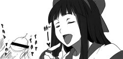  1boy 1girl ainu_clothes aoi_manabu censored closed_eyes cosplay cum cum_in_mouth fingerless_gloves gloves hair_ribbon heart highres hyouka imminent_ejaculation kouchi_ayako long_hair male_masturbation masturbation monochrome nakoruru_(cosplay) open_mouth oral_invitation penis penis_grab pointing pointing_at_self pointless_censoring ribbon samurai_spirits smile 