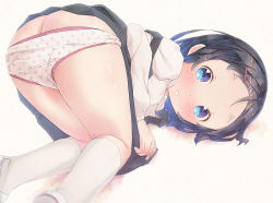  1girl ass bent_over black_hair black_skirt blue_eyes blurry blurry_foreground blush butt_crack clothes_lift commentary_request depth_of_field feet_out_of_frame forehead hair_ornament hairclip kneehighs loli long_sleeves looking_at_viewer looking_back original panties panty_pull pleated_skirt polka_dot polka_dot_panties pu-en shirt shoes short_hair skirt skirt_lift socks solo strap_slip suspender_skirt suspenders top-down_bottom-up underwear uwabaki white_footwear white_panties white_shirt white_socks  rating:Questionable score:128 user:danbooru