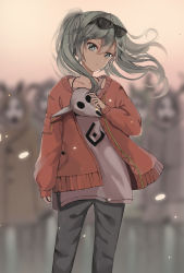  1girl bad_id bad_pixiv_id black-framed_eyewear cardigan earrings eyewear_on_head floating_hair grey_eyes grey_hair grey_pants grey_shirt hair_between_eyes hatsune_miku head_tilt highres holding jewelry long_hair looking_at_viewer open_cardigan open_clothes outdoors pants parted_lips red_sweater shirt solo_focus standing suna_no_wakusei_(vocaloid) sunglasses sweater twintails vocaloid z_z 