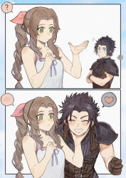  ! 1boy 1girl ? aerith_gainsborough armor bare_shoulders black_gloves black_hair blush braid braided_ponytail brown_hair collarbone commentary_request couple crisis_core_final_fantasy_vii crossed_arms dress final_fantasy final_fantasy_vii gloves green_eyes grin hair_ribbon hand_on_another&#039;s_chin hand_on_another&#039;s_head heart ivy60530 long_hair looking_at_viewer open_hand outside_border parted_bangs pink_ribbon ribbon sequential short_hair shoulder_armor sidelocks sleeveless sleeveless_turtleneck smile spaghetti_strap spiked_hair spoken_blush spoken_exclamation_mark spoken_heart spoken_question_mark sweatdrop sweater turtleneck turtleneck_sweater upper_body white_dress zack_fair 
