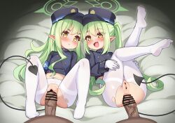  2boys 2girls absurdres bar_censor black_hat black_jacket black_tail blue_archive blush censored closed_mouth demon_tail fang gloves green_hair green_halo group_sex halo hat hetero highres hikari_(blue_archive) jacket loli long_hair long_sleeves luxuriou_s multiple_boys multiple_girls no_pants nozomi_(blue_archive) open_mouth pantyhose peaked_cap penis pointy_ears pussy sex siblings sisters skin_fang smile tail torn_clothes torn_pantyhose twins twintails vaginal white_gloves white_pantyhose yellow_eyes 