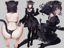  1girl animal_ear_fluff animal_ears ass barefoot black_dress black_hair blush bow breasts cat_ears cat_girl cat_tail choker chowbie claws cleavage dress facing_away feet frills from_behind gloves goth_fashion grey_background high_heels large_breasts legs long_hair long_sleeves looking_at_viewer maid_headdress maid_master multiple_views original panties pantyhose parted_lips ribbon simple_background smile soles tail thighhighs thighs toes underwear underwear_only yellow_eyes  rating:Sensitive score:64 user:danbooru