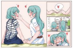 2girls aqua_hair bang_dream! bed_sheet bedroom belt blue_overalls blush braid casual closed_eyes comic commentary_request dress extreme_yuri_buta green_eyes hand_on_another&#039;s_face heart highres hikawa_hina hikawa_sayo holding_hands incest interlocked_fingers kiss long_hair looking_at_another medium_hair multiple_girls on_bed open_mouth overalls shirt short_sleeves siblings sisters smile striped_clothes striped_shirt translation_request twincest twins white_dress yuri  rating:General score:6 user:joyceestick