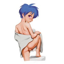  1boy ass bar_censor blue_hair blush censored fanbox_reward flaccid highres knee_up leg_up looking_at_viewer looking_back looking_over_shoulder lunaflame male_focus open_mouth original paid_reward paid_reward_available penis penis_peek purple_eyes seductive_gaze shota testicles towel_around_waist variant_set white_background  rating:Explicit score:34 user:Verify45