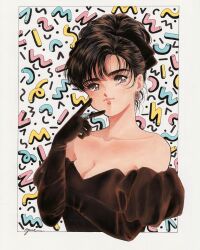  1980s_(style) 1girl bare_shoulders black_bow border bow breasts brown_dress brown_eyes brown_gloves brown_hair cleavage collarbone commentary detached_sleeves dress earrings english_commentary gloves grey_border hair_behind_ear hair_bow highres jewelry medium_breasts oldschool original outside_border portrait retro_artstyle ring signature smile solo strapless strapless_dress v yue_(yung_n_dum_)  rating:Sensitive score:3 user:danbooru
