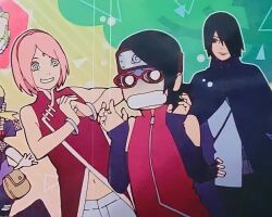  black_eyes black_hair blue_shirt boruto:_naruto_next_generations cape clenched_teeth cropped facial_mark family father_and_daughter fingerless_gloves forehead_jewel forehead_mark forehead_protector furrowed_brow glasses gloves green_eyes hair_over_one_eye hand_on_own_hip haruno_sakura headband mother_and_daughter multiple_girls naruto_(series) official_art pink_hair red_shirt scared_expression shirt smile sweatdrop teeth uchiha_sarada uchiha_sasuke 