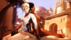  1boy 2girls 3d animated ass blonde_hair bottomless breasts cunnilingus dark_skin ffm_threesome girl_on_top grinding group_sex happy happy_sex hetero interracial licking lowres mercy_(overwatch) multiple_girls nude oral overwatch overwatch_1 ozzy penis pharah_(overwatch) reverse_cowgirl_position reverse_spitroast sex sex_from_behind sitting sitting_on_face sitting_on_person straddling thigh_sex threesome uncensored  rating:Explicit score:68 user:CunnilingusLover