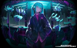 1girl absurdres arcade backpack bag black_choker black_jacket black_pants blue_eyes blue_hair blush buttons character_name choker closed_mouth controller disembodied_limb fisheye frown game_controller graffiti hair_between_eyes hands_in_pockets hatsune_miku head_tilt headphones highres indoors jacket joystick long_hair long_sleeves looking_at_viewer neon_lights pants partially_unbuttoned pink_shirt plaid plaid_shirt roupo99 shirt sidelocks solo squiggle triangle twintails very_long_hair vocaloid x_x 