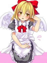  1girl alternate_costume angel_wings apron bad_id bad_pixiv_id black_dress blonde_hair blush bow breasts collared_dress dress embarrassed feathered_wings frilled_apron frilled_dress frills gengetsu_(touhou) hair_bow hand_in_own_hair head_tilt highres looking_at_viewer medium_hair meronpanna_(mikoniito) no_shoes open_mouth puffy_short_sleeves puffy_sleeves red_bow seiza short_sleeves sitting small_breasts socks touhou touhou_(pc-98) white_apron white_socks white_wings wings yellow_eyes 