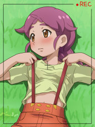  10s 1girl awa blush brown_eyes creatures_(company) game_freak gradient_background lying mairin_(pokemon) nintendo pokemon pokemon_(anime) pokemon_xy purple_hair solo suspenders  rating:Sensitive score:15 user:PRS3240