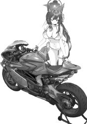  1girl animal_ear_fluff animal_ears bare_arms bare_legs bare_shoulders bikini blue_archive blush breasts cleavage closed_mouth fox_ears greyscale groin halo highres jun_project large_breasts long_hair looking_at_viewer monochrome motor_vehicle motorcycle navel official_alternate_costume one_eye_closed simple_background smile solo swimsuit wakamo_(blue_archive) wakamo_(swimsuit)_(blue_archive) white_background  rating:Sensitive score:4 user:danbooru