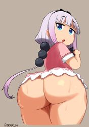  1girl ass ass_focus blue_eyes brown_background cowboy_shot cropped_legs dimitri_becker dress from_behind from_below huge_ass kanna_kamui kobayashi-san_chi_no_maidragon long_hair looking_back low_twintails open_mouth pink_dress purple_hair short_dress short_sleeves simple_background solo standing sweat twintails 