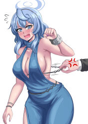  1boy 1girl ako_(blue_archive) ako_(dress)_(blue_archive) anger_vein arm_at_side armpit_crease bare_shoulders blue_archive blue_dress blue_eyes blue_hair blue_halo blush bracelet breasts cleavage commentary cowboy_shot curvy dress drie embarrassed flying_sweatdrops hair_between_eyes halo hand_up hetero highres hip_vent jewelry large_breasts medium_hair open_mouth plunging_neckline sideboob sideless_dress sidelocks simple_background single_handcuff sleeveless sleeveless_dress solo_focus tears teeth upper_teeth_only v-shaped_eyebrows wavy_mouth white_background  rating:Sensitive score:6 user:danbooru