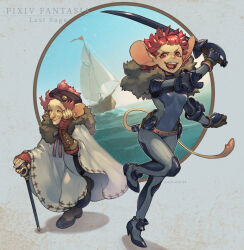  2girls :d animal_ears belt black_gloves black_headband boat breasts cane copyright_name earrings fur_trim gloves hand_up headband highres holding holding_sword holding_weapon hoop_earrings jewelry looking_at_viewer mouse_ears multiple_girls nishiki_areku old old_woman open_mouth paletta_(pixiv_fantasia_last_saga) pixiv_fantasia pixiv_fantasia_last_saga popomaria_(pixiv_fantasia_last_saga) red_eyes red_hair ring small_breasts smile standing standing_on_one_leg sword tail walking watercraft weapon 