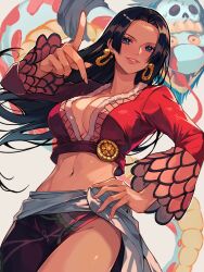  1girl animal black_hair blue_eyes boa_hancock breasts cleavage commentary_request crop_top earrings highres hime_cut jewelry kurage20001 large_breasts long_hair long_sleeves navel one_piece pink_lips plunging_neckline pointing pointing_at_viewer red_shirt salome_(one_piece) sash shirt side_slit smile snake snake_earrings white_sash 