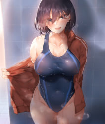 1girl :d absurdres bababababan bare_shoulders blush breasts brown_hair collarbone commentary_request covered_erect_nipples curvy grey_eyes hair_between_eyes hair_over_eyes highres hip_focus indoors jacket large_breasts looking_at_viewer one-piece_swimsuit open_clothes open_jacket open_mouth original see-through short_hair smile solo standing swimsuit thighs tile_floor tile_wall tiles wet wide_hips rating:Sensitive score:36 user:danbooru