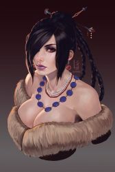  1girl bare_shoulders black_hair breasts cleavage eyeshadow final_fantasy final_fantasy_x g21mm hair_ornament hair_over_one_eye highres jewelry large_breasts lips lipstick long_hair lulu_(ff10) makeup mole mole_under_mouth necklace red_eyes solo upper_body  rating:Questionable score:54 user:animeboy12