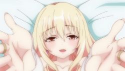  1girl blonde_hair blush commentary_request earrings female_focus fingernails highres jewelry lips looking_at_viewer non-web_source nude open_mouth orange_eyes outstretched_arms princess_reaina smile solo tsunpuri upper_body 
