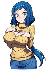 1girl absurdres aqua_eyes batta_16-sei blue_hair blue_pants breasts cleavage cleavage_cutout closed_mouth clothing_cutout commentary covered_erect_nipples cowboy_shot denim frown furrowed_brow gundam gundam_build_fighters hands_on_own_chest highres iori_rinko jeans large_breasts long_hair long_sleeves looking_at_viewer low_ponytail mature_female pants parted_bangs ribbed_sweater signature simple_background solo standing sweater turtleneck turtleneck_sweater white_background yellow_sweater rating:Sensitive score:28 user:danbooru