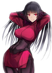 1990s_(style) 1girl arms_up black_bodysuit black_hair bodysuit breasts closed_mouth contrapposto covered_navel cowboy_shot creatures_(company) crop_top eyebrows game_freak gym_leader hands_in_hair highres large_breasts leaning_back long_hair long_sleeves looking_at_viewer miniskirt narrow_waist nintendo nishiide_kengorou pokemon pokemon_rgby red_eyes red_skirt retro_artstyle sabrina_(pokemon) simple_background skin_tight skirt solo standing thigh_gap white_background rating:Sensitive score:122 user:danbooru