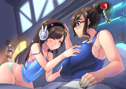 3girls bed blush breasts brown_eyes brown_hair closed_eyes covered_erect_nipples d.va_(overwatch) glasses grabbing grabbing_another&#039;s_breast hair_bun hand_on_own_hip headpat hm_(hmongt) large_breasts long_hair medium_breasts mei_(overwatch) multiple_girls overwatch overwatch_1 pout short_hair single_hair_bun tracer_(overwatch) underwear underwear_only yuri rating:Questionable score:108 user:danbooru