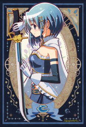 1girl art_nouveau artist_name belt black_sleeves blue_belt blue_eyes blue_hair blush breasts cape character_name closed_mouth commentary_request detached_sleeves fortissimo from_side gloves hair_ornament highres holding holding_sword holding_weapon looking_at_viewer magical_girl mahou_shoujo_madoka_magica mahou_shoujo_madoka_magica_(anime) medium_breasts medium_hair miki_sayaka musical_note musical_note_hair_ornament sideways_glance signature solo sword weapon white_cape white_gloves yae_harura 