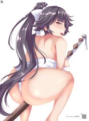 1girl absurdres artist_name ass azur_lane bad_proportions bare_arms black_hair blush bokken bow breasts brown_eyes hair_bow hair_flaps highres holding holding_weapon huge_ass incro300 large_breasts long_hair looking_at_viewer looking_back one-piece_swimsuit open_mouth ponytail shiny_skin sidelocks simple_background smile solo squatting sweat swimsuit sword takao_(azur_lane) thick_thighs thighs very_long_hair weapon white_background white_bow white_one-piece_swimsuit wooden_sword rating:Sensitive score:32 user:danbooru