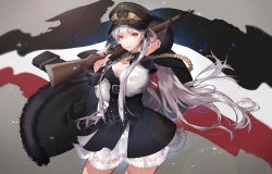  1girl aiguillette bolt_action breasts cleavage closed_mouth cowboy_shot cross fur_trim girls&#039;_frontline gun hair_between_eyes hat highres holding holding_gun holding_weapon iron_cross kar98k_(girls&#039;_frontline) karabiner_98k large_breasts long_hair looking_at_viewer mauser_98 peaked_cap qian_zhe red_eyes rifle smile solo weapon white_hair 