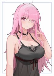 1girl absurdres artist_name bare_shoulders black_choker black_nightgown blush breasts choker cleavage collarbone commentary highres hololive hololive_english kanadeho large_breasts long_hair looking_at_viewer messy_hair mori_calliope mori_calliope_(sleepwear) nightgown official_alternate_costume pink_eyes pink_hair red_ribbon ribbon skull_choker solo virtual_youtuber white_background 