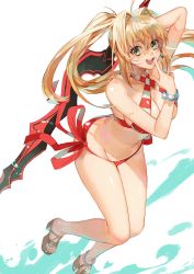 1girl allenkung1 arm_up bikini blonde_hair bracelet breasts fate/grand_order fate_(series) finger_to_mouth green_eyes highres hip_focus jewelry large_breasts leaning_forward long_hair nero_claudius_(fate) nero_claudius_(fate)_(all) nero_claudius_(swimsuit_caster)_(fate) red_bikini side-tie_bikini_bottom simple_background solo striped_bikini striped_clothes swimsuit sword thighs weapon white_background white_bikini