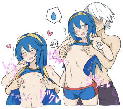  1boy 1girl bikini black_shorts blue_bikini blue_eyes blue_hair blue_shorts closed_eyes clothes_lift commentary_request faceless faceless_male fire_emblem fire_emblem_awakening fire_emblem_cipher flat_chest from_behind heart heart-shaped_pupils hetero highres lucina_(fire_emblem) navel nintendo nipple_stimulation nipple_tweak official_alternate_costume one_eye_closed open_mouth robin_(fire_emblem) robin_(male)_(fire_emblem) shirt_lift short_shorts shorts skinny swimsuit symbol-shaped_pupils tears topless_male translation_request wavy_mouth white-stew white_hair  rating:Questionable score:34 user:danbooru