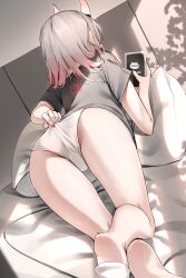  1girl absurdres adjusting_clothes adjusting_panties ass bed_sheet black_shirt fingernails from_behind gradient_hair highres holding holding_phone hololive horns indoors looking_at_phone lying multicolored_hair nail_polish nakiri_ayame no_pants on_stomach oni panties phone pillow red_hair red_nails scarlet_(wv0102) shirt skin-covered_horns solo thighs underwear virtual_youtuber white_hair white_panties 