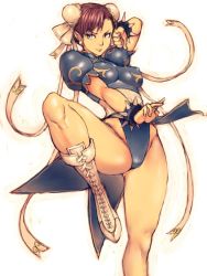  1girl boots bracelet breasts brown_hair bun_cover capcom china_dress chinese_clothes chun-li double_bun dress covered_erect_nipples fumio_(rsqkr) jewelry leg_lift no_legwear pelvic_curtain short_hair solo spiked_bracelet spikes street_fighter  rating:Questionable score:47 user:danbooru