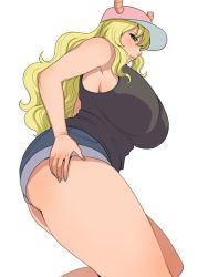 1girl ass bare_arms bare_shoulders blonde_hair breasts curvy green_eyes hat huge_breasts kobayashi-san_chi_no_maidragon large_breasts long_hair looking_at_viewer matoyama lucoa_(maidragon) short_shorts shorts sideboob smile solo thick_lips thick_thighs thighs white_background wide_hips rating:Sensitive score:46 user:Godefroy