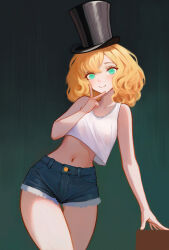  1girl bare_arms bare_shoulders black_hat blonde_hair blush closed_mouth cowboy_shot crop_top curly_hair denim denim_shorts green_background green_eyes hat highres leaning_on_object looking_at_viewer medium_hair midriff navel original shchrit short_shorts shorts sleeveless smile solo tank_top top_hat white_tank_top 