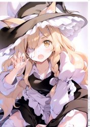 1girl absurdres animal_ear_fluff animal_ears bandage_over_one_eye black_vest blonde_hair blood braid claw_pose fox_ears gao hat highres ke-ta kirisame_marisa leaning_forward long_hair looking_at_viewer non-web_source open_mouth scan single_braid solo touhou vest witch_hat yellow_eyes youkai_fox_(wild_and_horned_hermit) rating:Sensitive score:27 user:danbooru