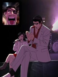  1girl 2boys black_hair black_socks boots cdtxufre clapping commentary english_commentary facial_hair fan_screaming_at_madison_beer_(meme) formal goatee grey_footwear highres holding holding_microphone hood hoodie inset kiryu_kazuma knee_boots majima_goro meme microphone multiple_boys open_clothes open_mouth open_shirt pants photo_background pleated_skirt red_shirt red_skirt ryuu_ga_gotoku_(series) sawamura_haruka screaming shirt short_hair sitting skirt smile socks suit veins white_footwear white_hoodie white_pants white_suit yakuza 