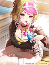  1girl blonde_hair blush breasts chair cleavage dead_or_alive dead_or_alive_xtreme dead_or_alive_xtreme_venus_vacation drinking from_above hat highres large_breasts long_hair long_sleeves looking_at_viewer nishizawa official_art ponytail purple_eyes second-party_source shorts sitting water yukino_(doa) 
