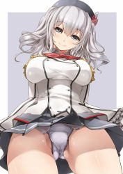  10s 1girl alric beret border breasts grey_eyes hat highres jacket kantai_collection kashima_(kancolle) kerchief large_breasts long_sleeves panties short_hair silver_hair smile solo two_side_up underwear white_border white_jacket white_panties 