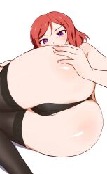 1girl absurdres anus anus_peek armpit_crease ass ass_focus black_panties black_thighhighs blush box_wonderland commentary frown hand_on_own_ass highres knees_together_feet_apart looking_at_viewer love_live! love_live!_school_idol_project nishikino_maki panties parted_bangs purple_eyes red_hair shadow short_hair thighhighs underwear white_background rating:Questionable score:64 user:danbooru