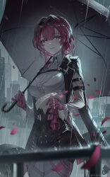  1boy 2girls absurdres arm_belt artist_name belt black_belt black_shorts blade_(honkai:_star_rail) breasts building chest_harness city closed_mouth cloud cloudy_sky collared_shirt earrings eyewear_on_head falling_petals fence glasses gloves hair_between_eyes harness high-waist_shorts highres hitohachan holding holding_umbrella honkai:_star_rail honkai_(series) jewelry kafka_(honkai:_star_rail) large_breasts light_particles long_sleeves looking_at_viewer multiple_girls multiple_rings out_of_frame outdoors pantyhose pantyhose_under_shorts petals pince-nez purple_eyes purple_gloves purple_hair purple_pantyhose rain ring rose_petals round_eyewear shirt shorts sidelocks silver_wolf_(honkai:_star_rail) sky smile solo_focus sunglasses umbrella white_shirt 