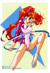 1990s_(style) 1994 absurdres athletic_leotard clothes_writing covered_erect_nipples dated green_eyes half-soles high_ponytail highres holding hoop hula_hoop leotard long_hair looking_at_viewer open_mouth original red_hair retro_artstyle solo suzuki_gamma rating:Sensitive score:14 user:danbooru