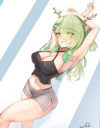  1girl absurdres alternate_costume antlers armpits arms_up asymmetrical_bangs black_camisole blush braid braided_bangs breasts camisole ceres_fauna cleavage commentary criss-cross_halter crop_top dolphin_shorts eyes_visible_through_hair flower gradient_hair green_hair grey_shorts hair_flower hair_ornament hair_over_one_eye halterneck highres hololive hololive_english horns large_breasts long_hair looking_at_viewer midriff mole mole_under_eye multicolored_hair narrow_waist navel open_mouth psypolo_d shorts side_slit signature solo symbol-only_commentary virtual_youtuber yellow_eyes 
