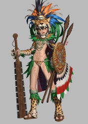 1girl animal_print animal_skin_hat aztec black_hair bracelet brown_eyes dark-skinned_female dark_skin earrings fangs feathers flat_chest full_body grey_background hair_between_eyes highres holding holding_weapon jewelry looking_at_viewer macuahuitl mcrc_science midriff navel necklace original panties polearm revealing_clothes sandals shield signature simple_background skull solo spear standing stomach tattoo topless tribal tribal_tattoo underwear weapon rating:Questionable score:46 user:danbooru