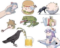  4girls absurdres ant bare_shoulders bat_wings bird blonde_hair blue_hair blunt_bangs bug burger cheese crescent crescent_hat_ornament crow cup disposable_cup dung_beetle fang flandre_scarlet food frog frog_tongue hat hat_ornament highres insect juice long_hair mob_cap moriya_suwako multicolored_wings multiple_girls onion_rings open_mouth orange_juice patchouli_knowledge pink_hat purple_eyes purple_hair remilia_scarlet teeth tomato tomato_slice tongue tongue_out touhou white_background white_hat wings yellow_eyes youpofen yukkuri_abuse yukkuri_shiteitte_ne 