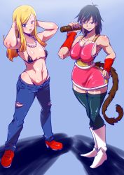  2girls areola_slip arm_up arms_up bare_shoulders bikini bikini_top_only black_eyes black_hair blonde_hair boots breasts breasts_apart cleavage closed_mouth curvy denim dragon_ball dragon_ball_super feet full_body gine groin hand_on_own_hip holding jeans jewelry large_breasts legs legs_apart legs_together long_hair looking_at_viewer medium_hair micro_bikini multiple_girls navel necklace open_mouth over_shoulder pants parted_bangs pearl_necklace rickert_kai saiyan_armor shoes simple_background small_breasts smile sneakers standing swimsuit tail thighhighs thighs thong tights_(ginga_patrol_jaco) toned white_footwear zettai_ryouiki 